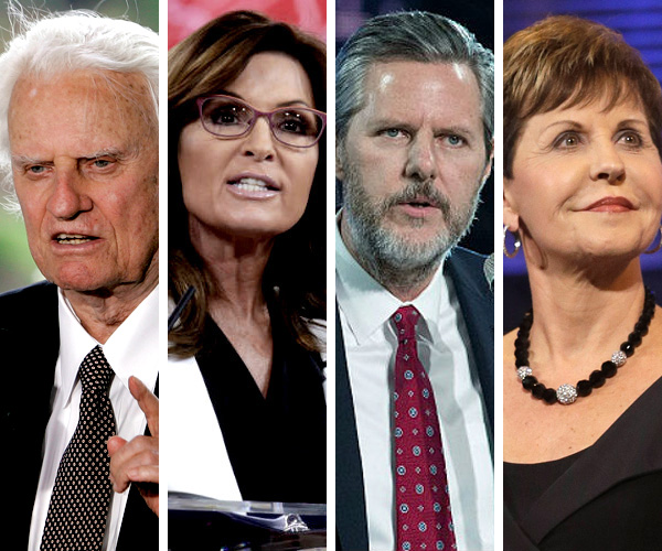 Evangélicos influentes nos EUA: Billy Graham, Sarah Palin, Jerry Falwell Jr., e Joyce Meyer.