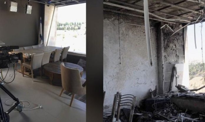 Estúdio da Daystar em Jerusalém antes e depois do ataque a bomba. (Foto: Reprodução/CBN News)