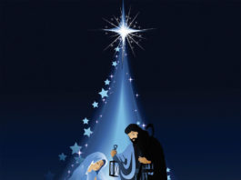 Estrela ilumina o menino Jesus e seus pais, Maria e José (Ilustração)