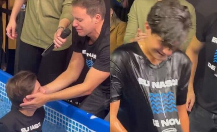 Pastor André Valadão se emociona ao batizar o próprio filho (Fotos: Reprodução/Instagram André Valadão)