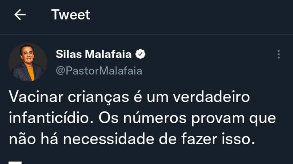 Twitter de Silas Malafaia contra a vacinação de crianças