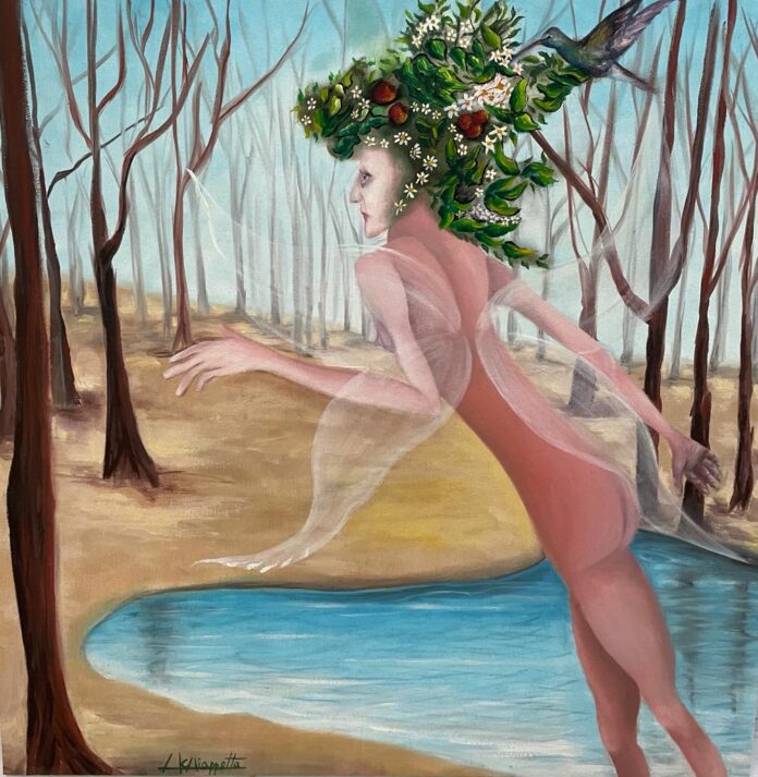 A primavera e as fantasias de um beija-flor (Pintura em tela de Helena Chiappetta)