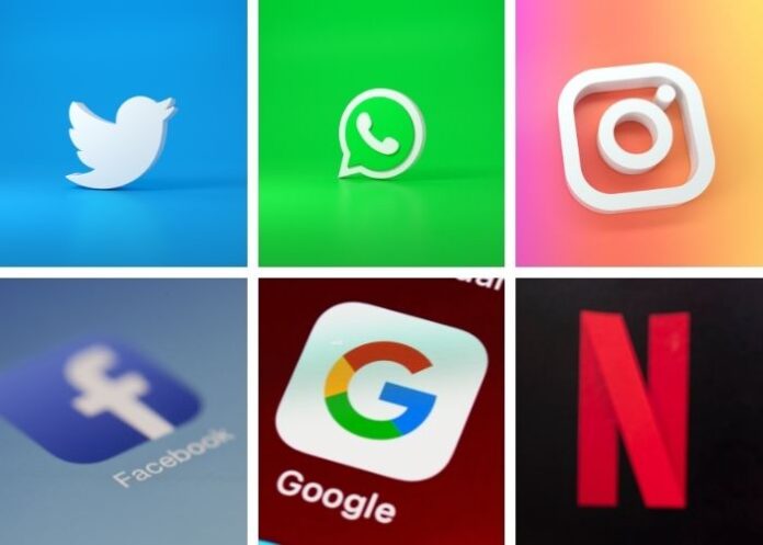 Logos das Big Techs Twitter, Meta, Netflix e Google