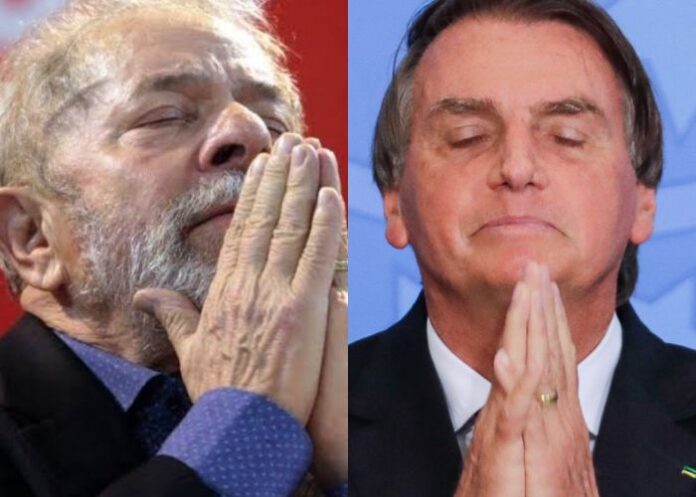 Lula e Bolsonaro com as mãos postas e olhos fechados